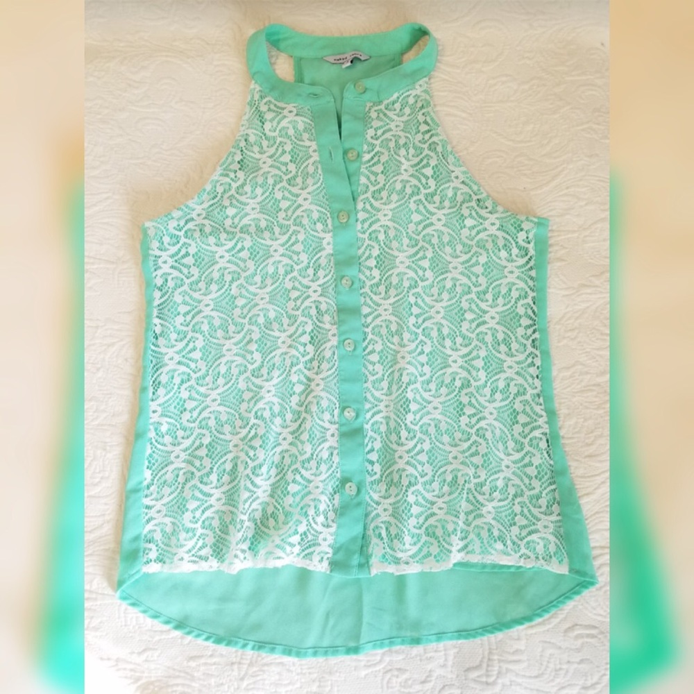 Naked Zebra Mint Lace Button Down Tank Top